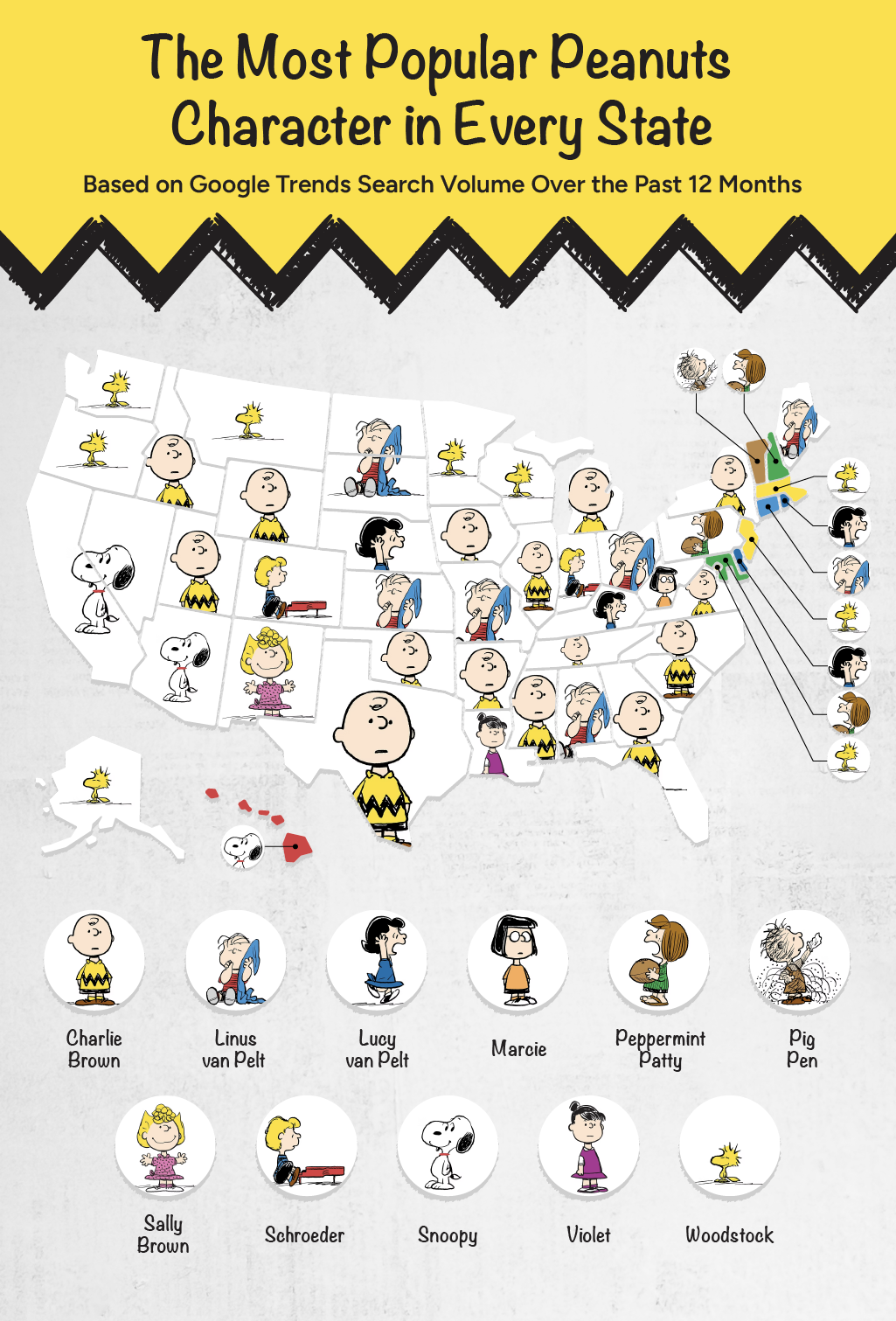 A map of the U.S. showing each state’s favorite Charlie Brown character.
