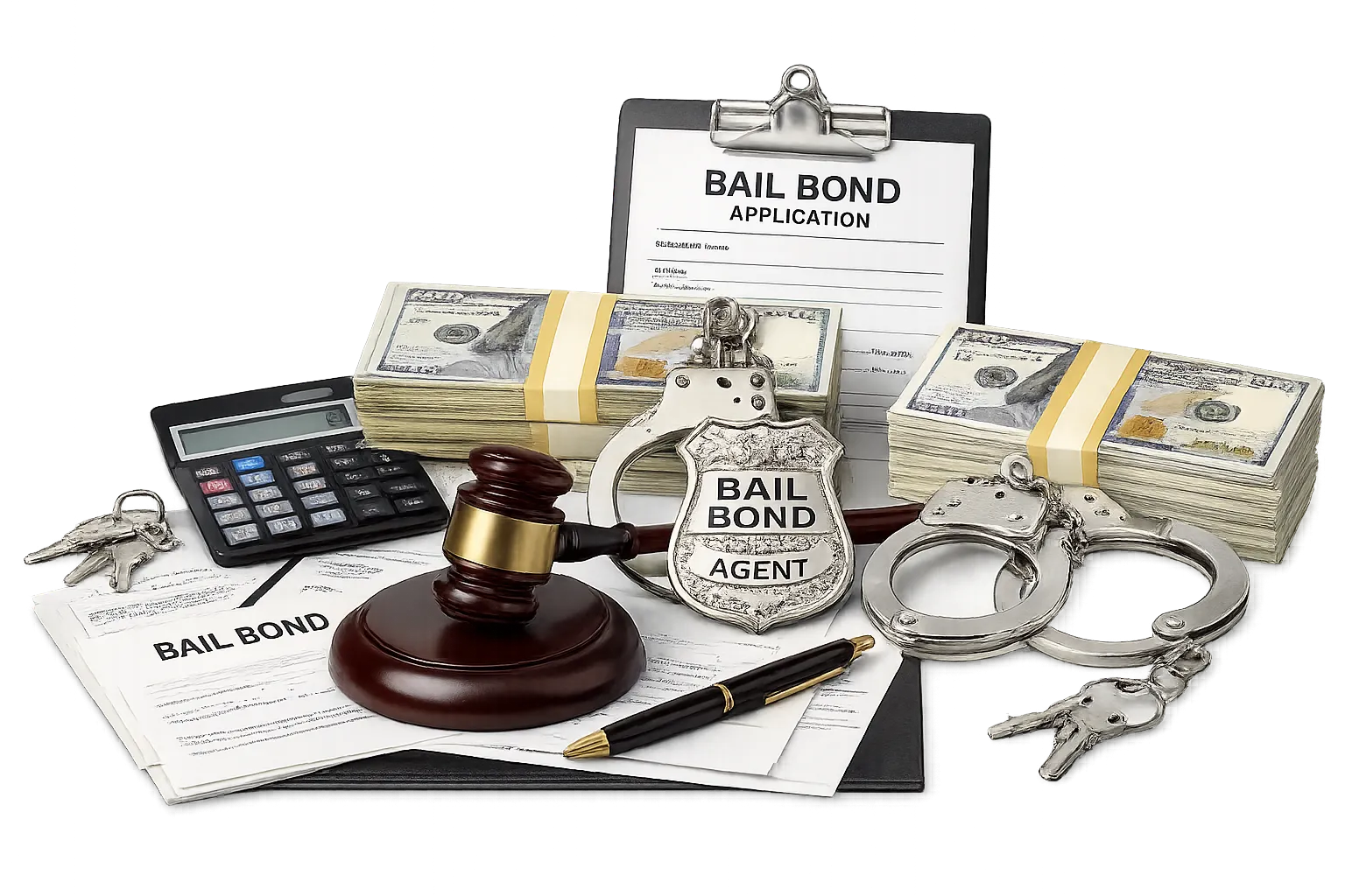 Bail bond service illustration featuring a judge’s gavel, handcuffs, cash stacks, calculator, keys, and bail application forms isolated on a transparent-style background with no branding.
