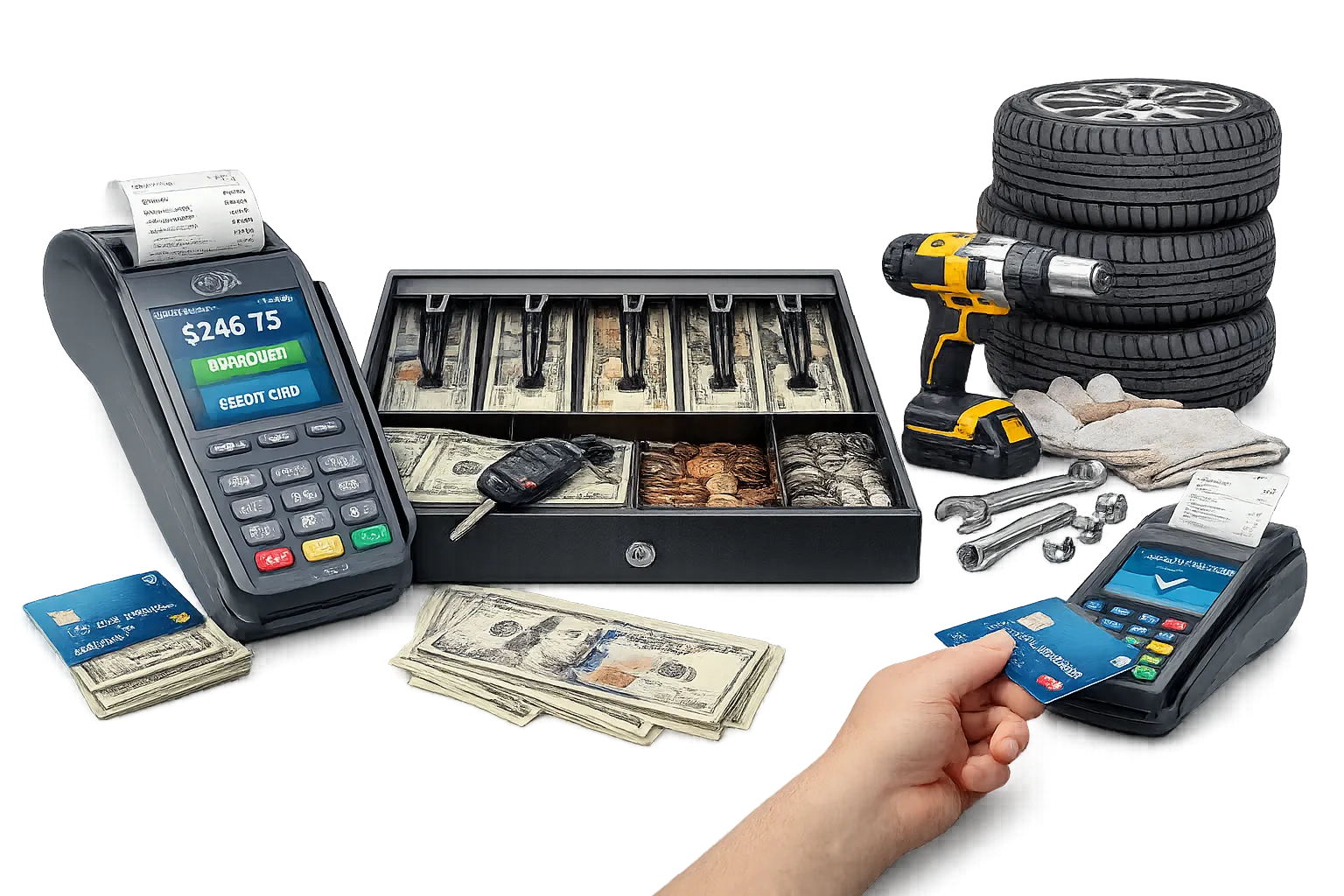 Automotive merchant services illustration featuring payment terminals, cash register, credit cards, car keys, tires, and auto repair tools isolated on a transparent-style background with no branding.