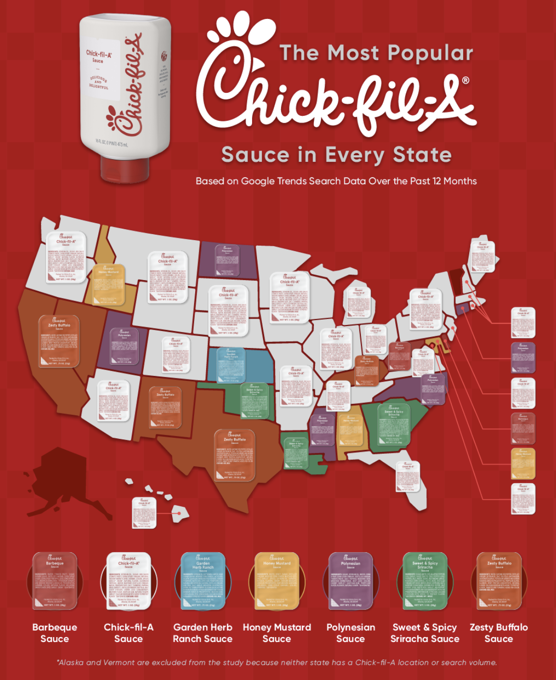 a U.S. map plotting the most popular Chick-fil-A sauce in every state